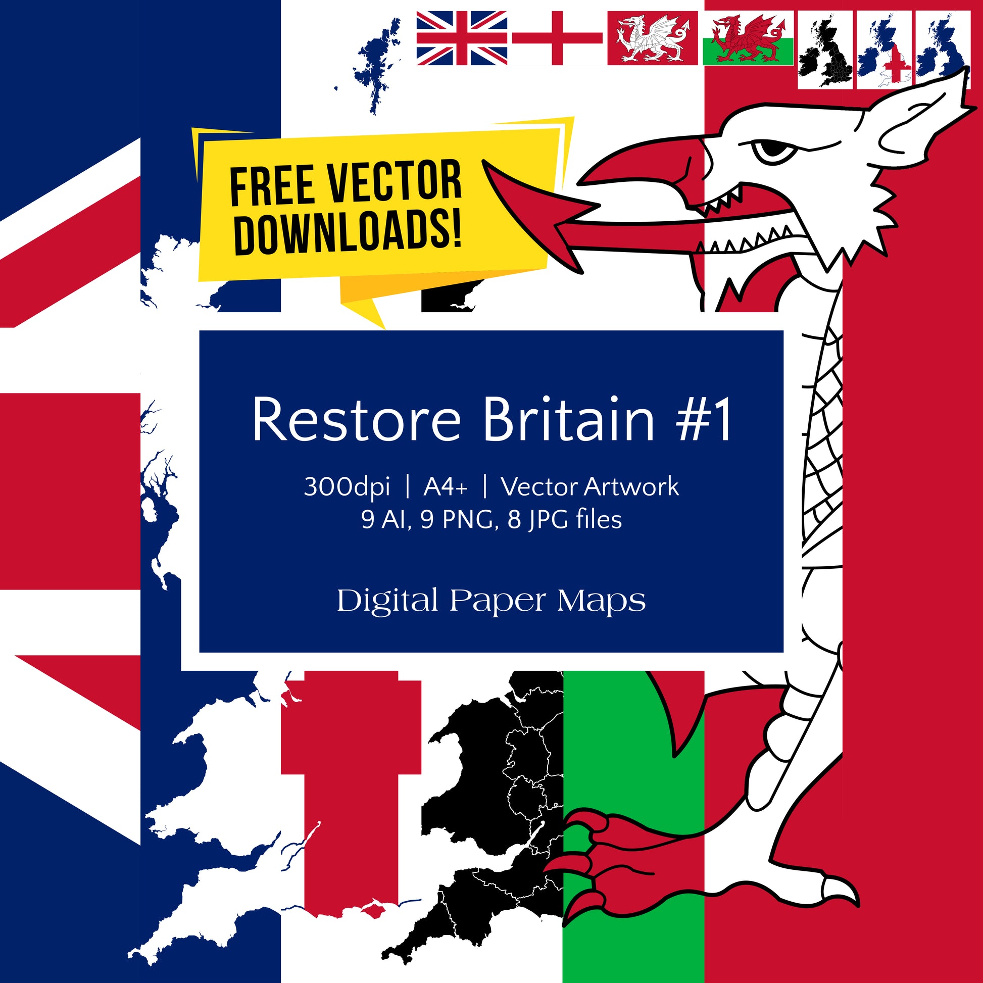 Promotional graphic for 'Restore Britain #1' digital paper maps with British flag and dragon design.